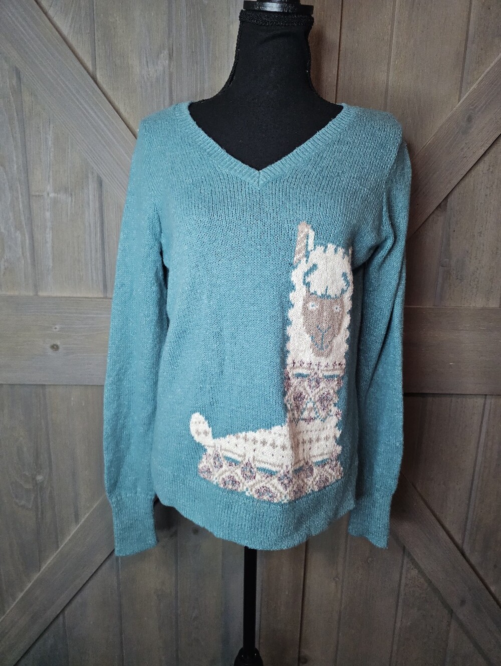 Hollister Teal V-neck Sweater with Llama Graphic sz Medium